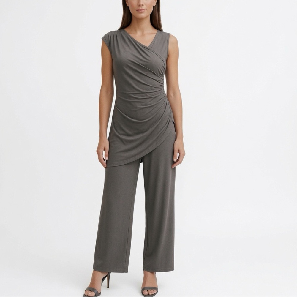 Joseph Ribkoff Layered Jumpsuit 8 Pant Ruched Side Asymmetric Taupe Cocktail